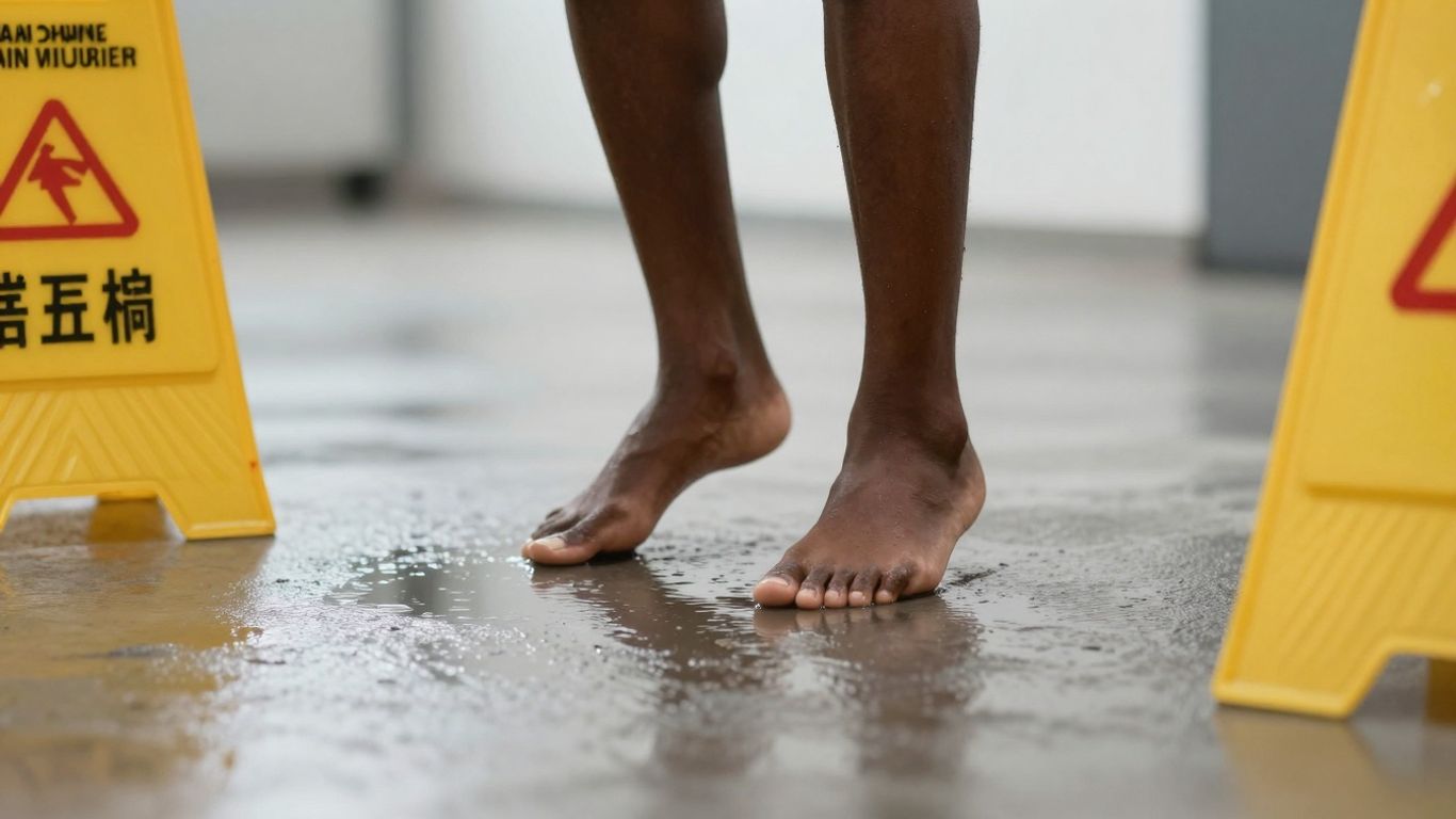 Person falling on a wet, slippery floor.