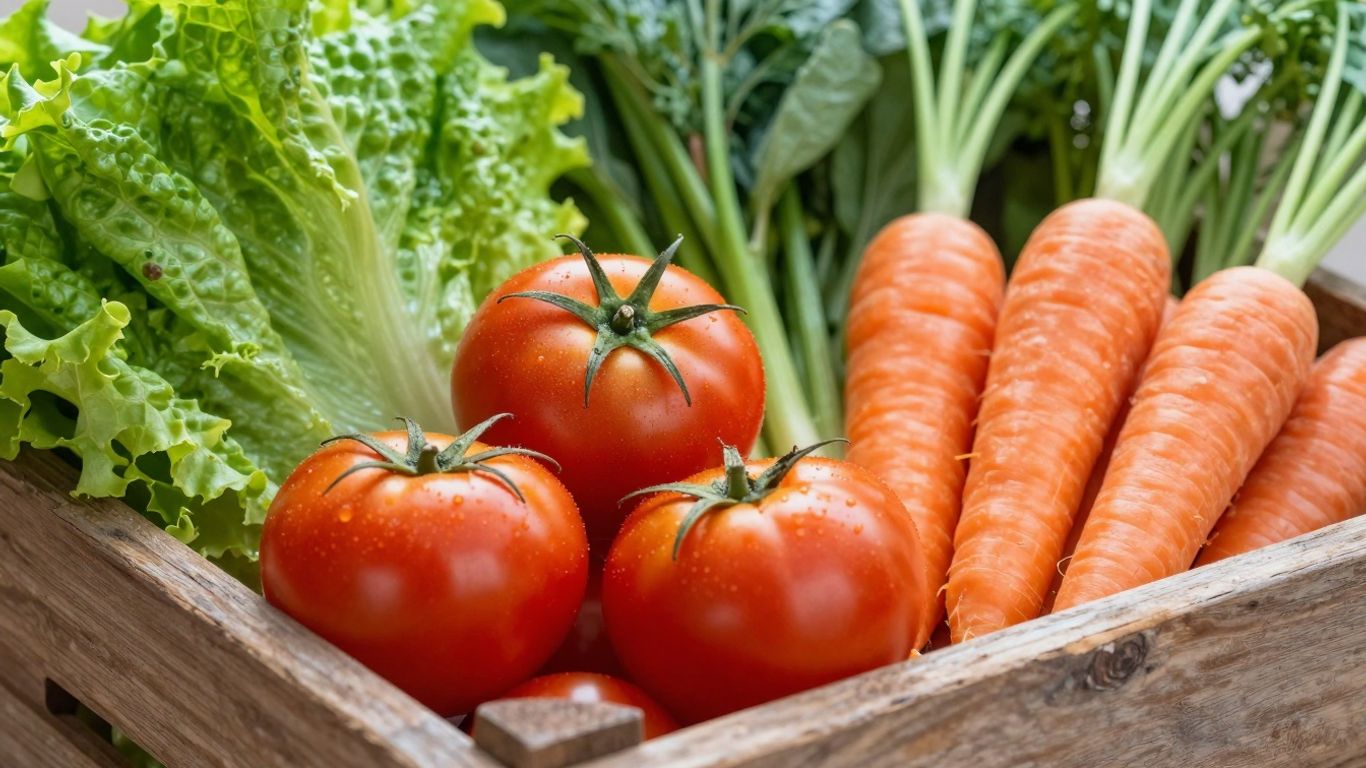 Frisches saisonales Gemüse in einer Holzkiste.