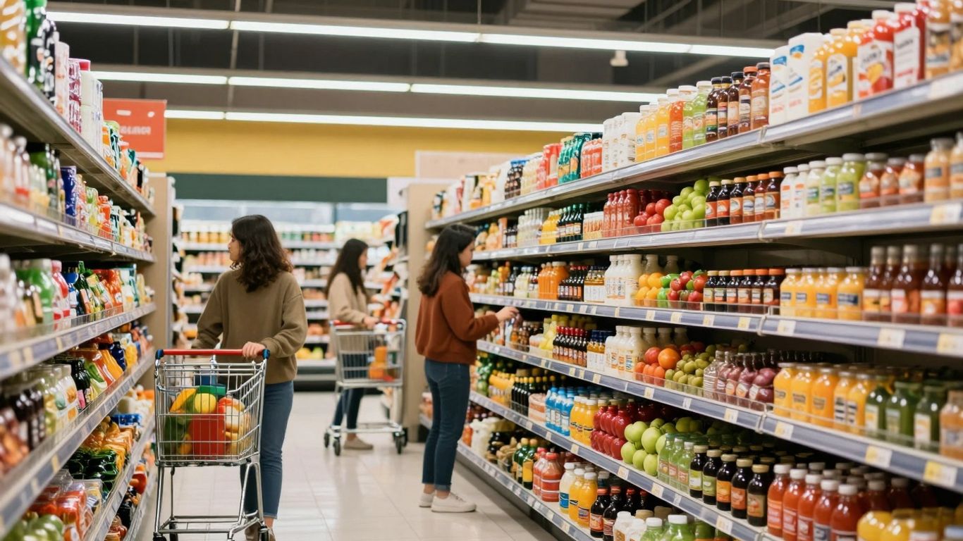 Delhaize grocery store aisle with colorful products and shoppers.