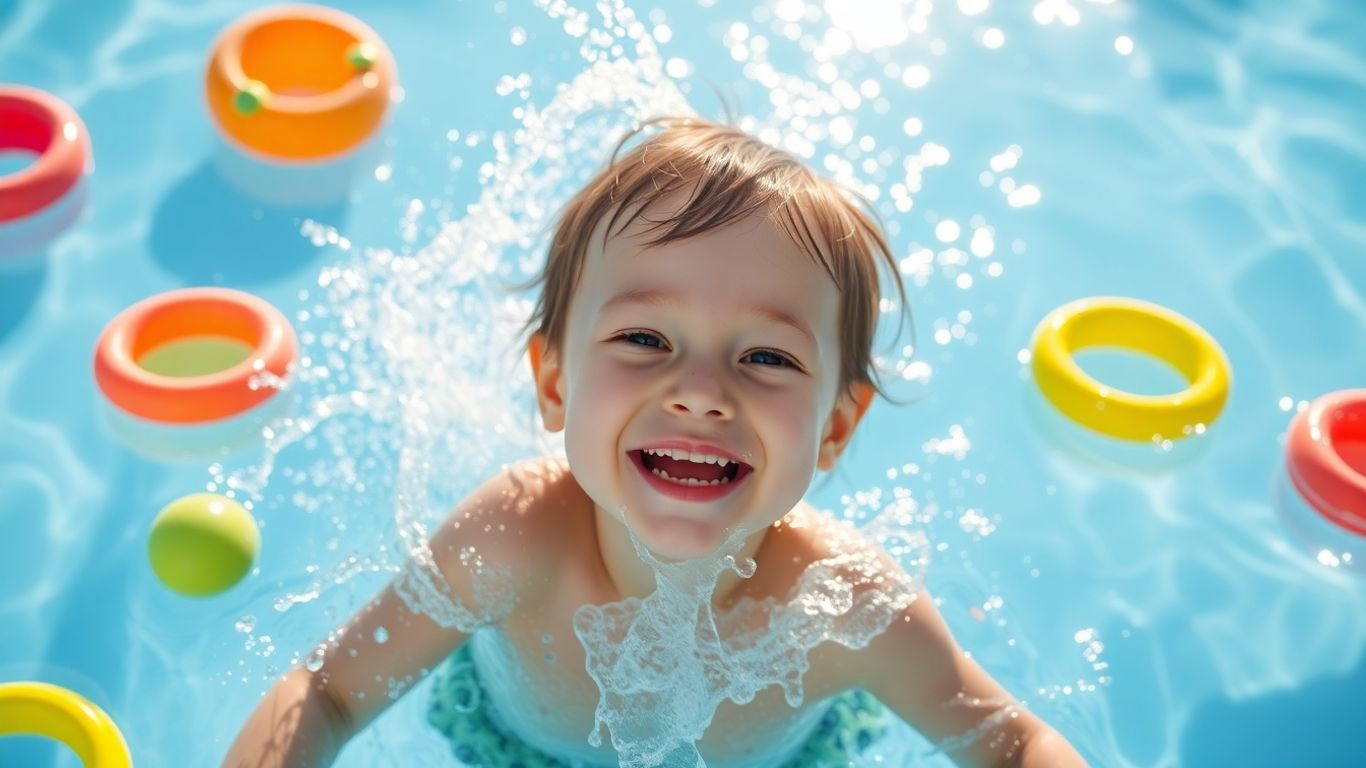 Kind planscht im Wasser mit bunten Spielsachen