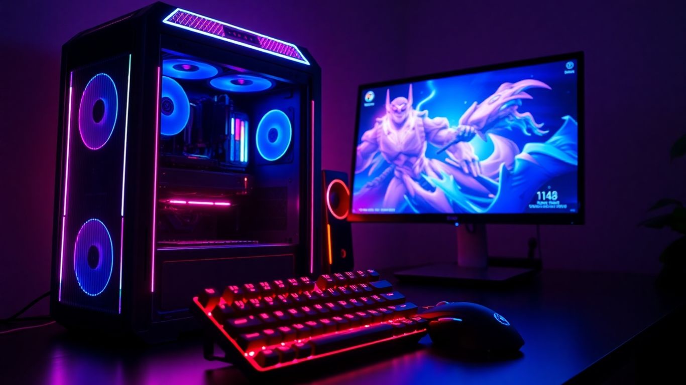 Configuration de PC gamer avec éclairage RGB et moniteur.