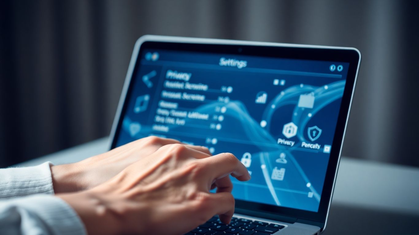 Mãos ajustando configurações de privacidade no navegador do computador.