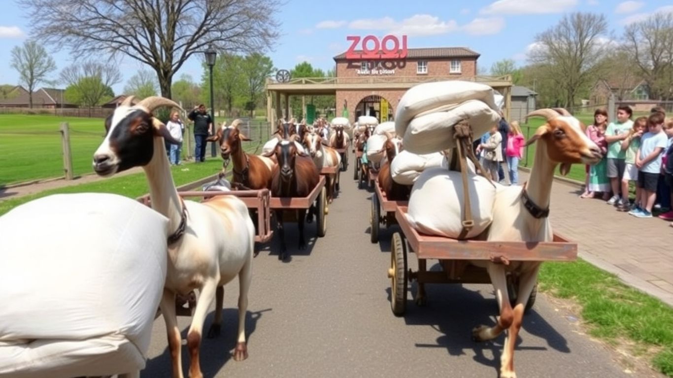Zehn Ziegen ziehen Zucker zum Zoo, Kinder schauen zu.