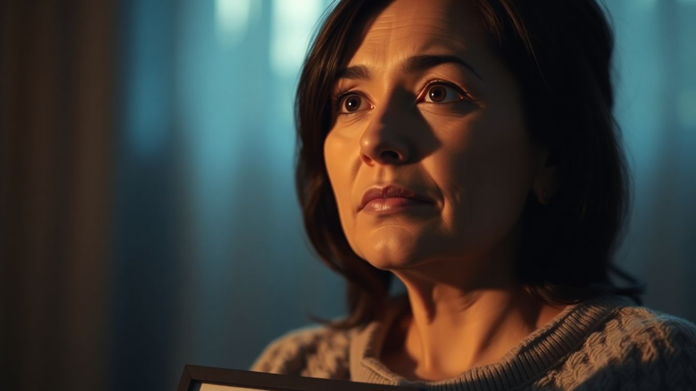 Mulher pensativa com foto, símbolo de pensão de viuvez.