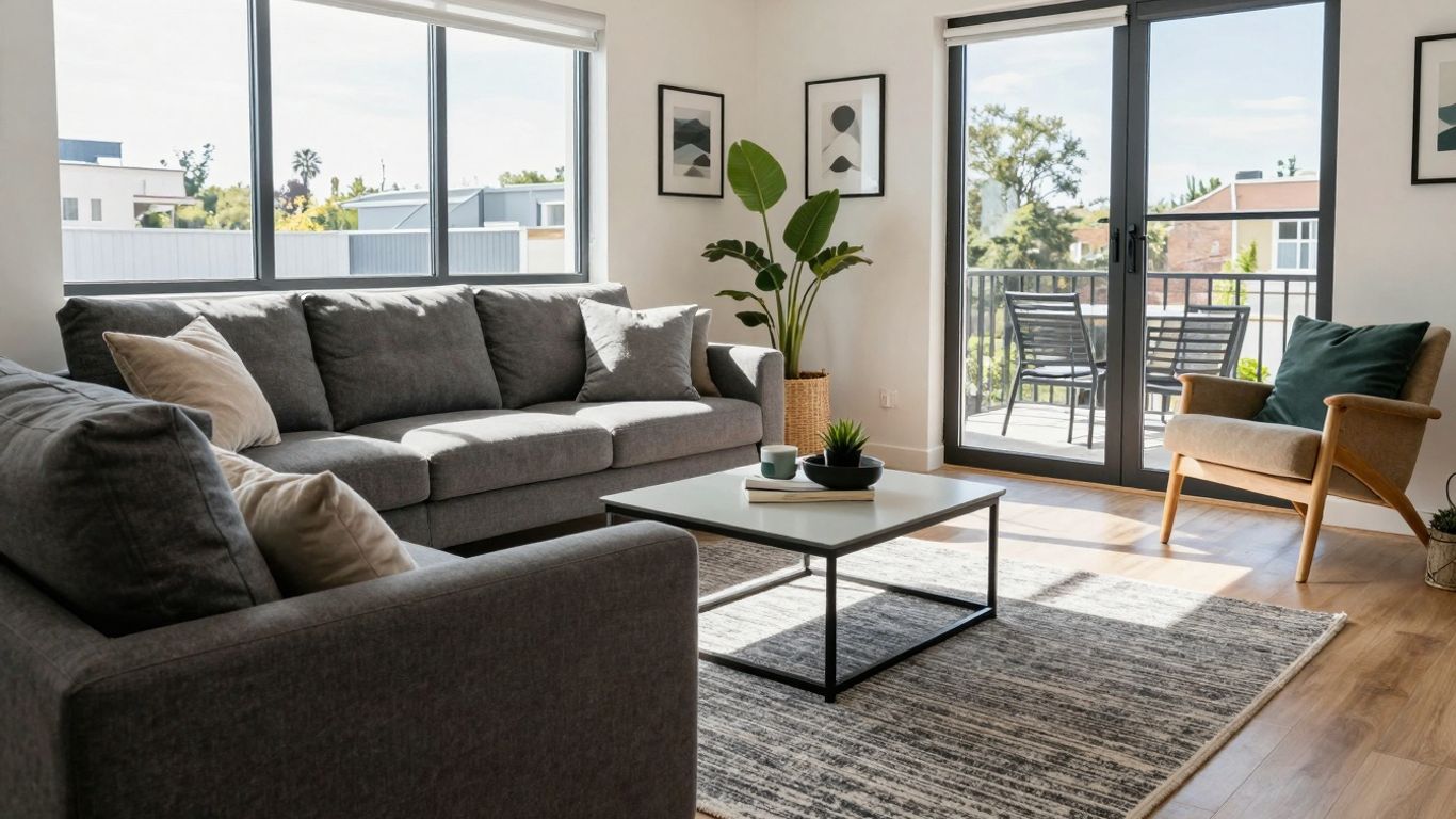 Modern Airbnb interior with natural light and stylish furniture.