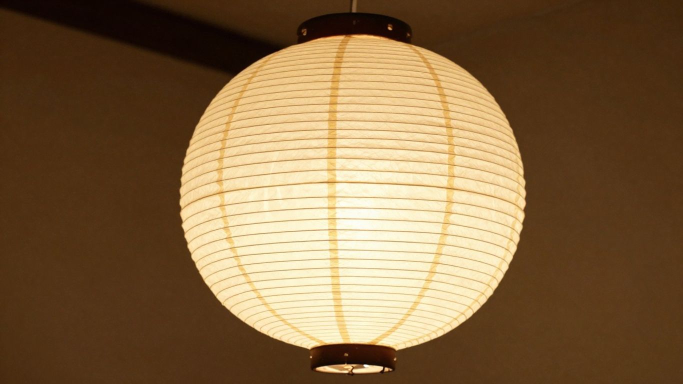 Foldable paper lantern pendant light hanging indoors.
