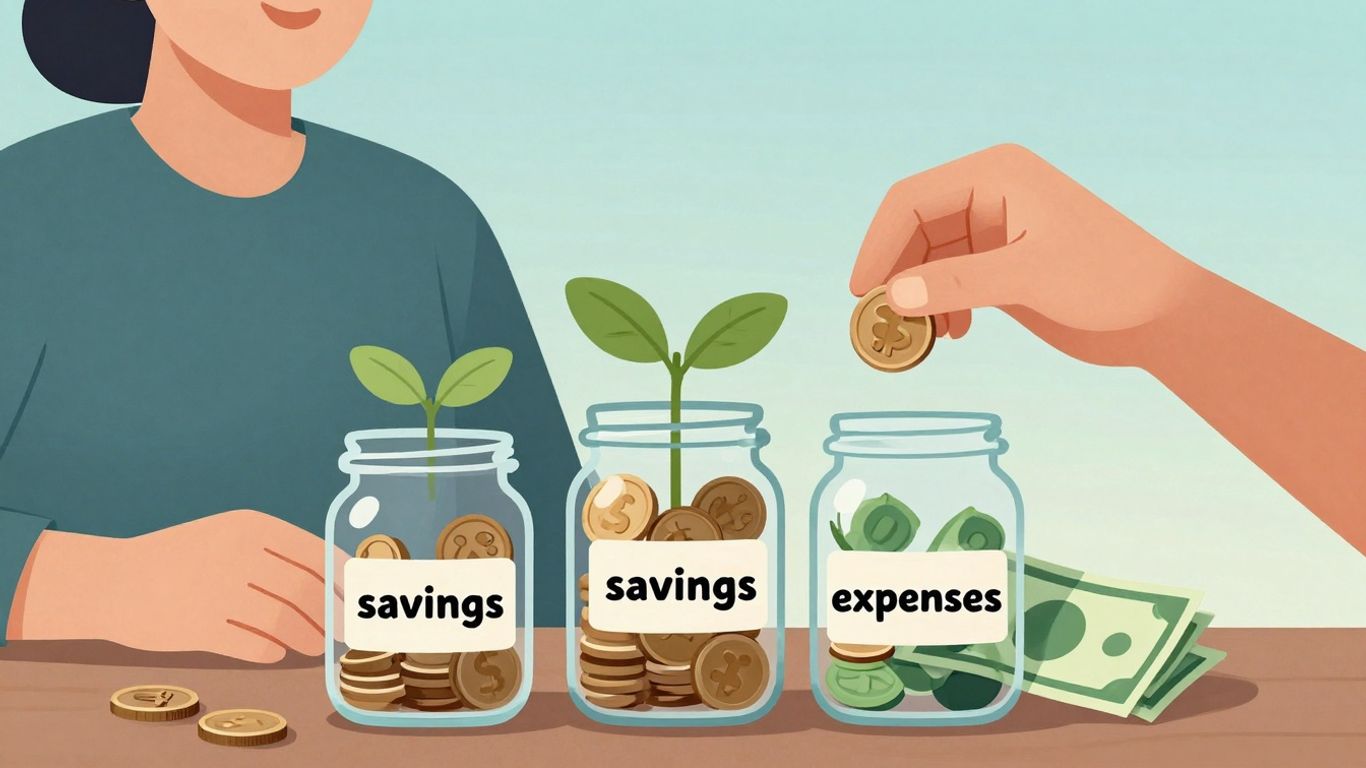 Pessoa feliz organizando dinheiro e plantas crescendo.