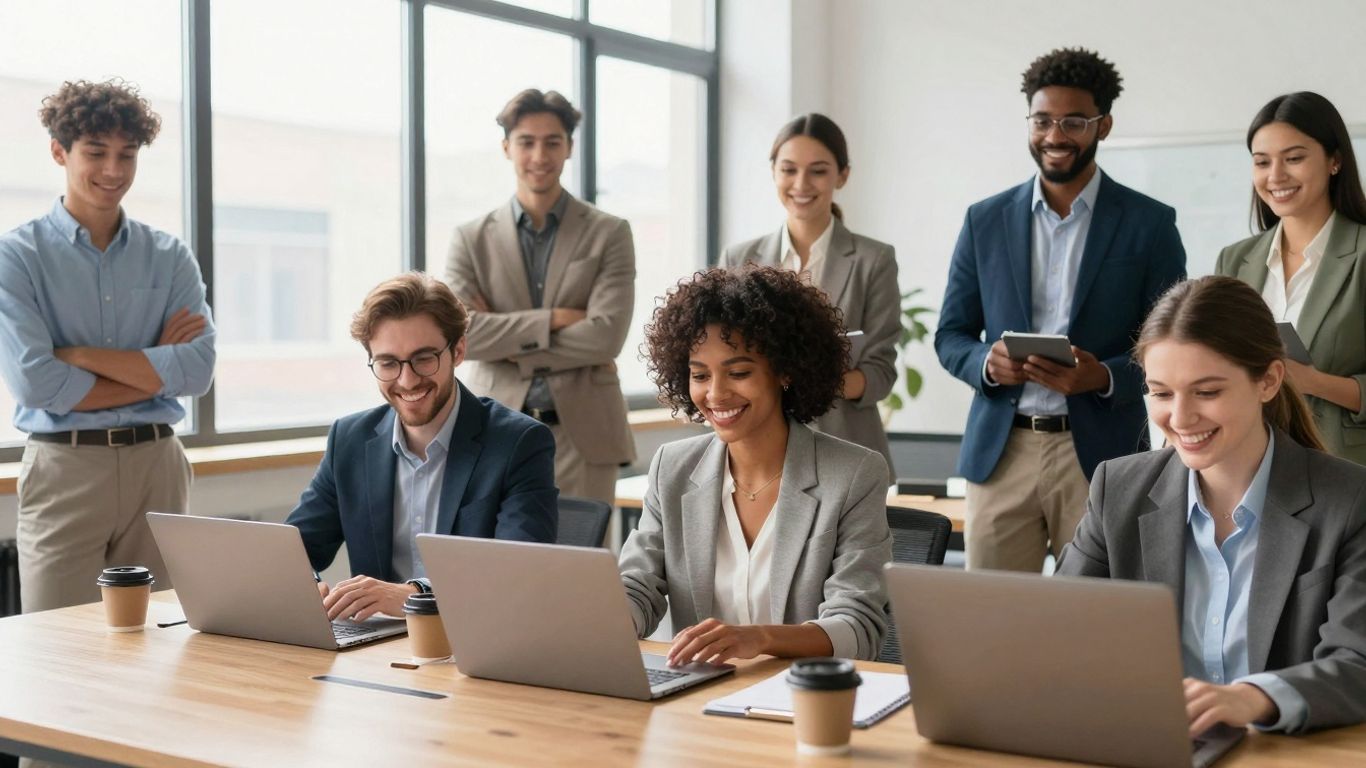Mensen die glimlachen en werken in moderne kantoren.