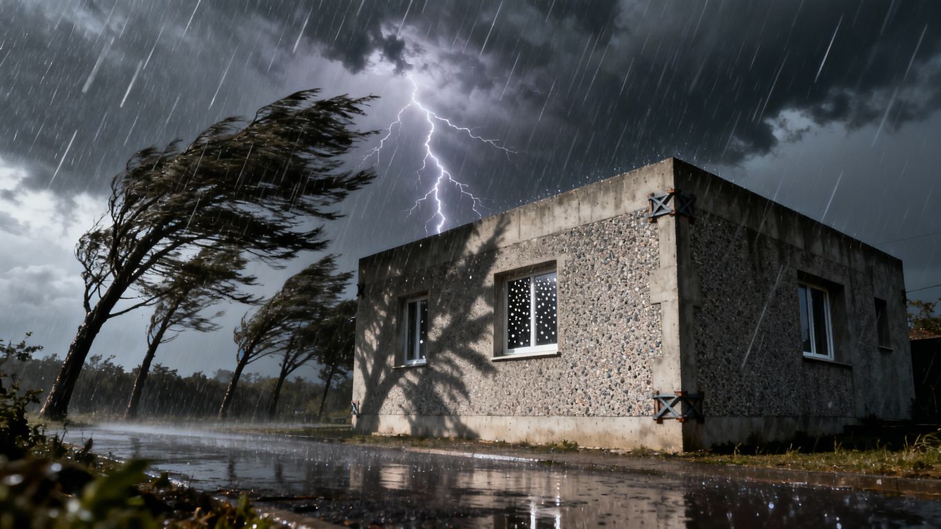 Concrete house enduring a storm.