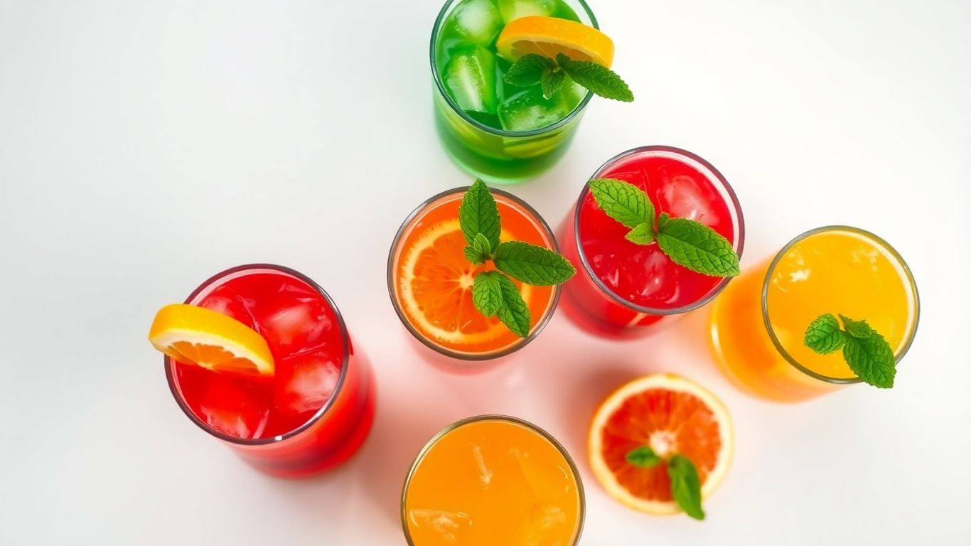 Colorful non-alcoholic party drinks with fruit garnishes.