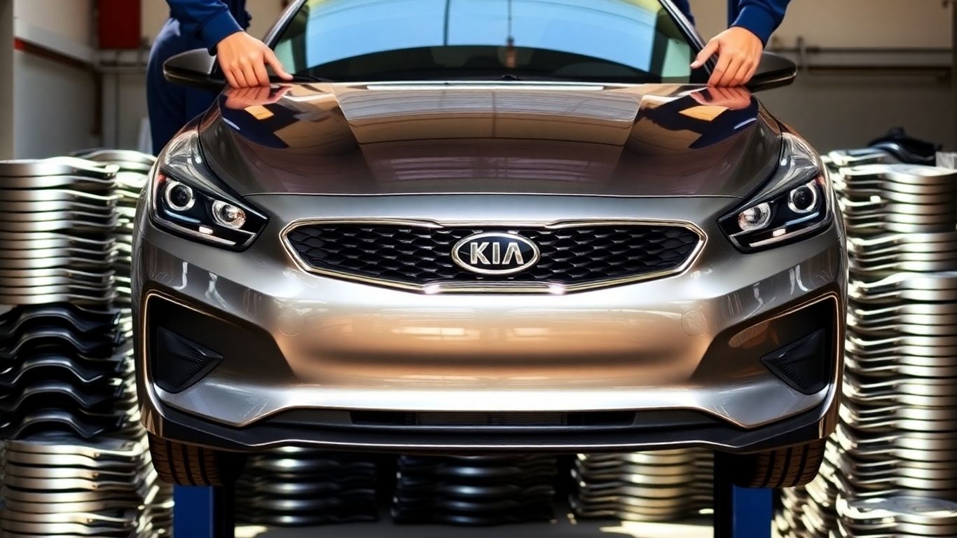 Kia luxury car being repaired with salvaged parts.
