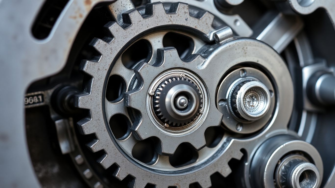 Worn metallic gearbox with visible gears and internal components.