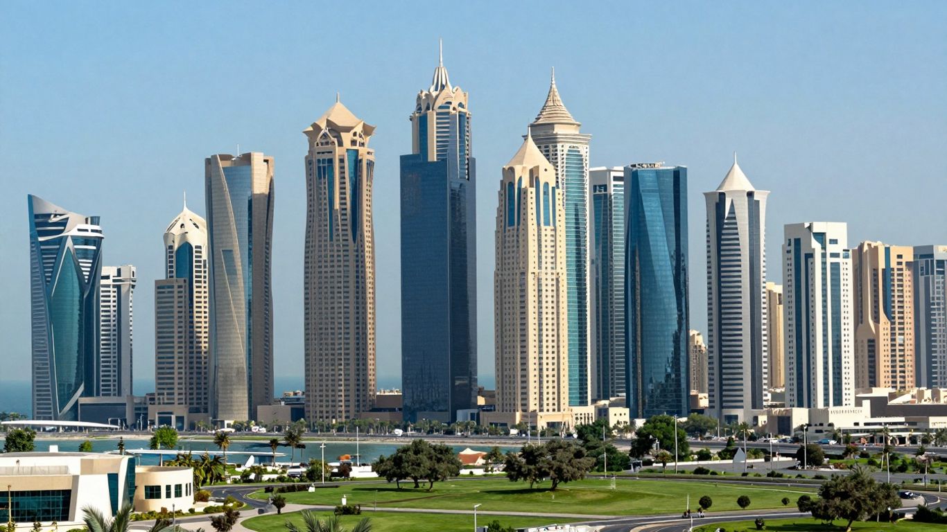 Doha skyline with modern buildings and coastline.