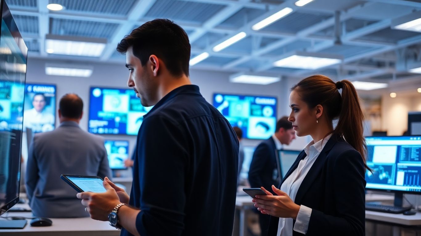 Interfață digitală modernă conectând dispozitive într-un spațiu de birouri.
