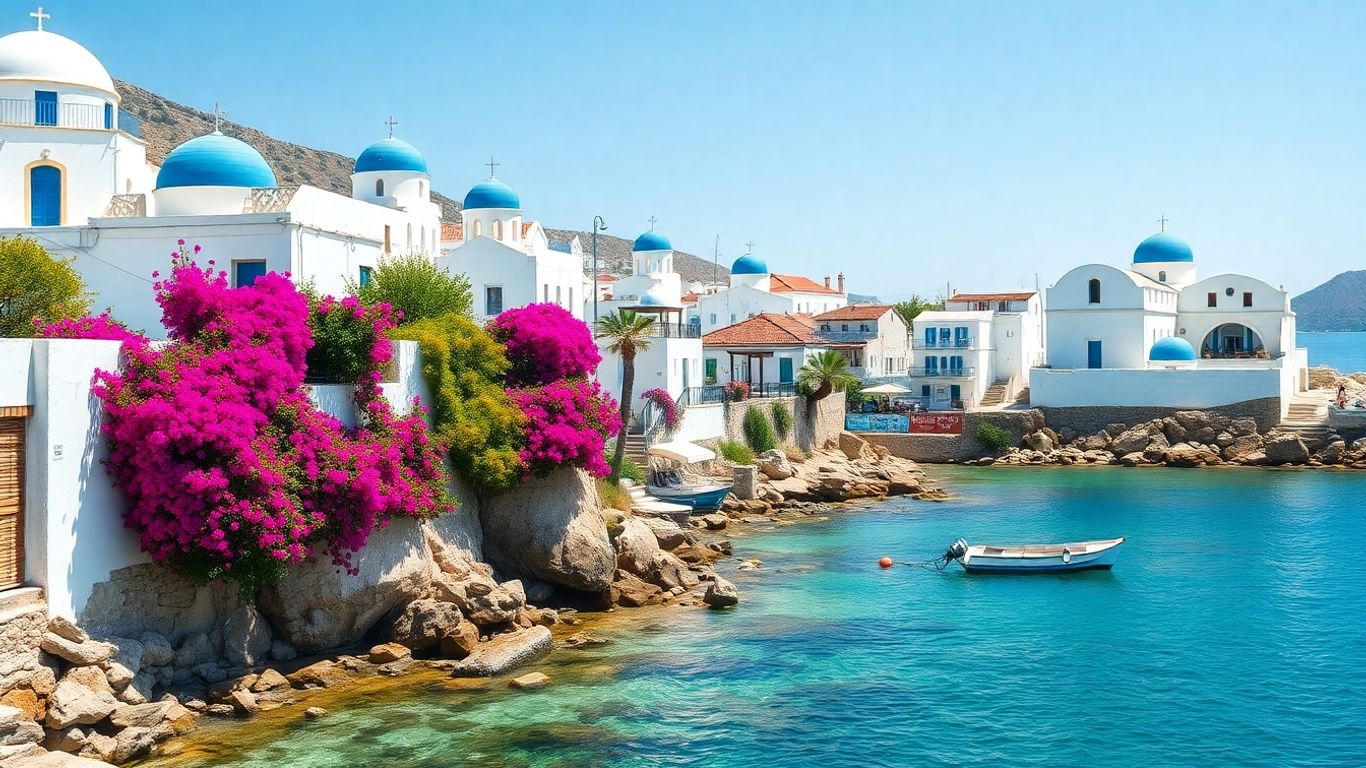 Whitewashed Greek village with blue domes and clear blue sea.