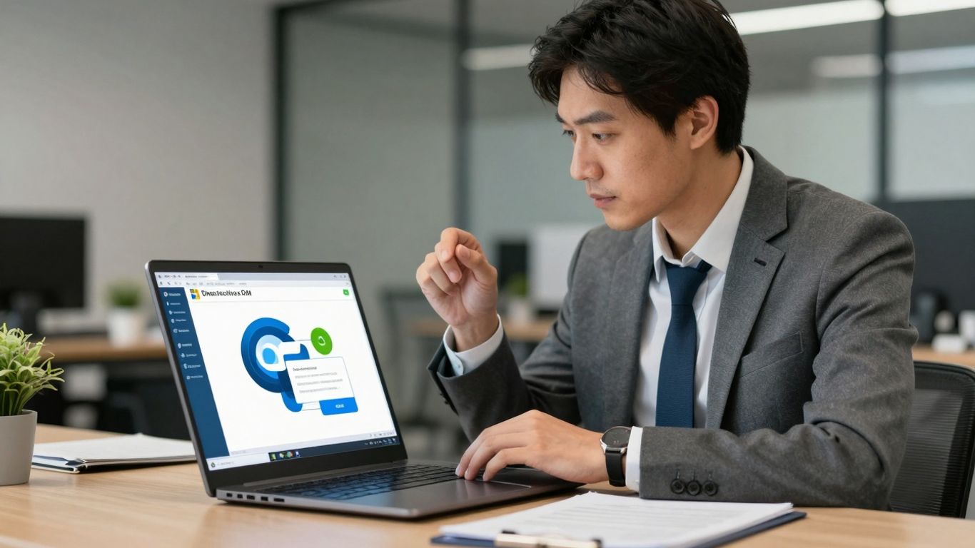 Dynamics CRM consultant working on a laptop.