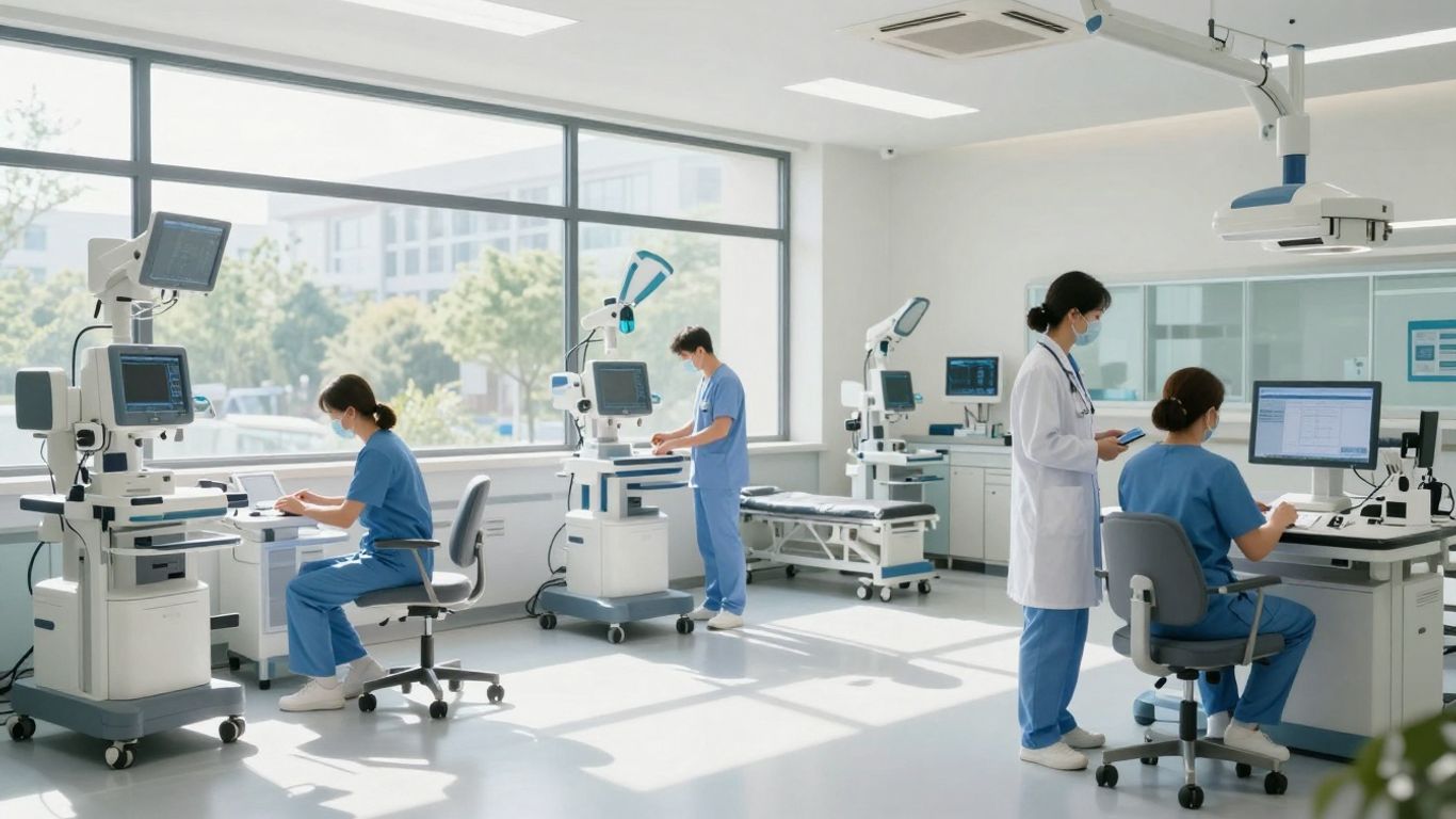 NHS healthcare transformation with medical professionals and technology.