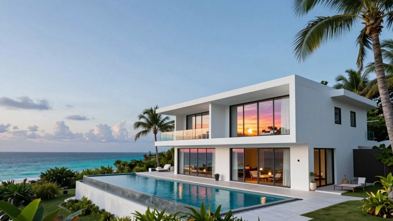 Luxury villa with infinity pool overlooking the sea at sunset.