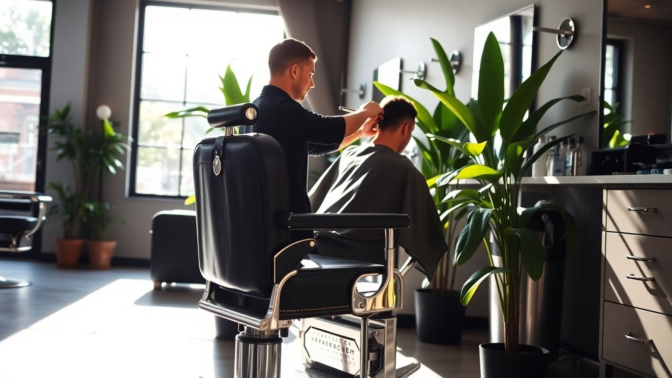 Barber cutting hair in a modern vintage salon.