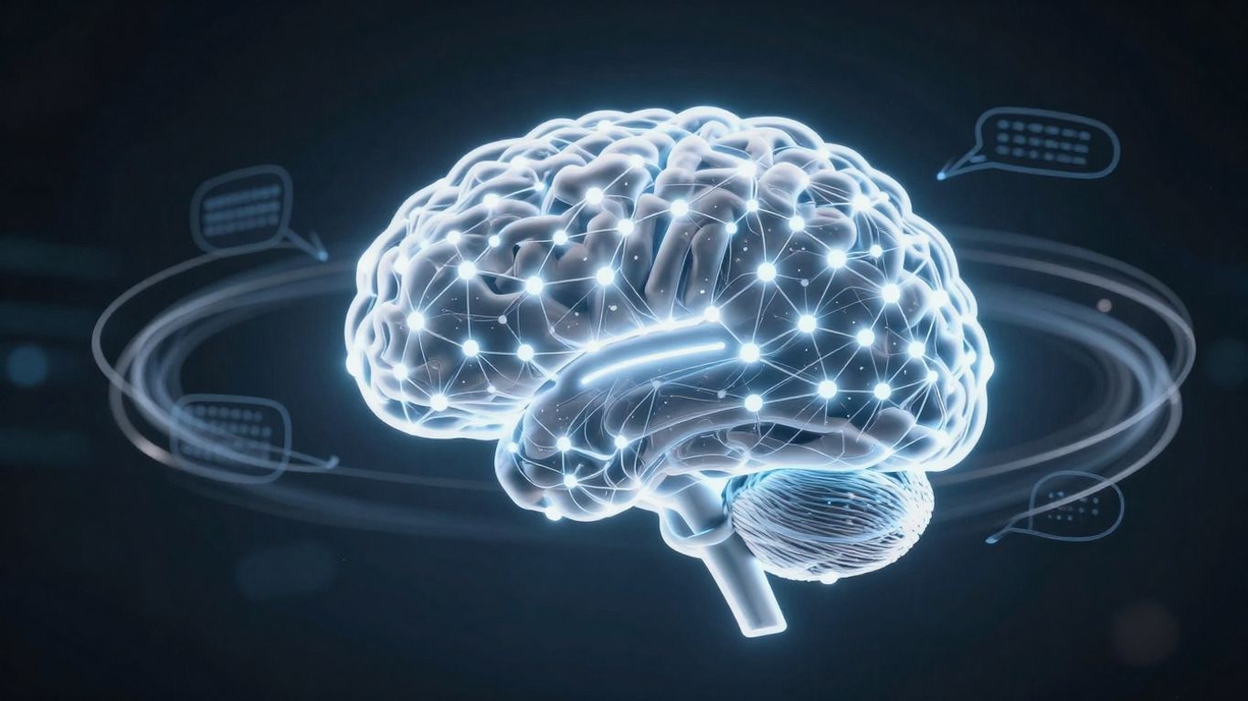 Futuristic AI brain with glowing nodes and light trails.