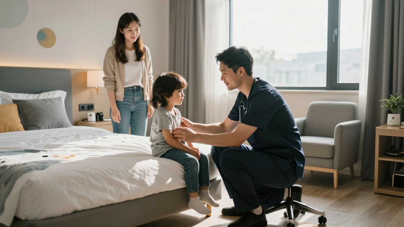 Doctor examining child in hotel room.