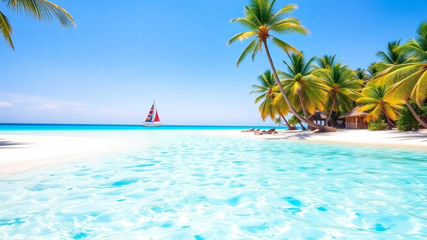 Tropical Caribbean beach with white sand and turquoise water.