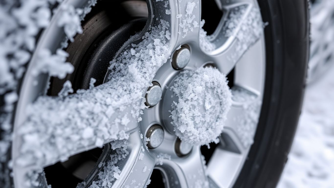 Frozen car wheel hub with frost and ice.