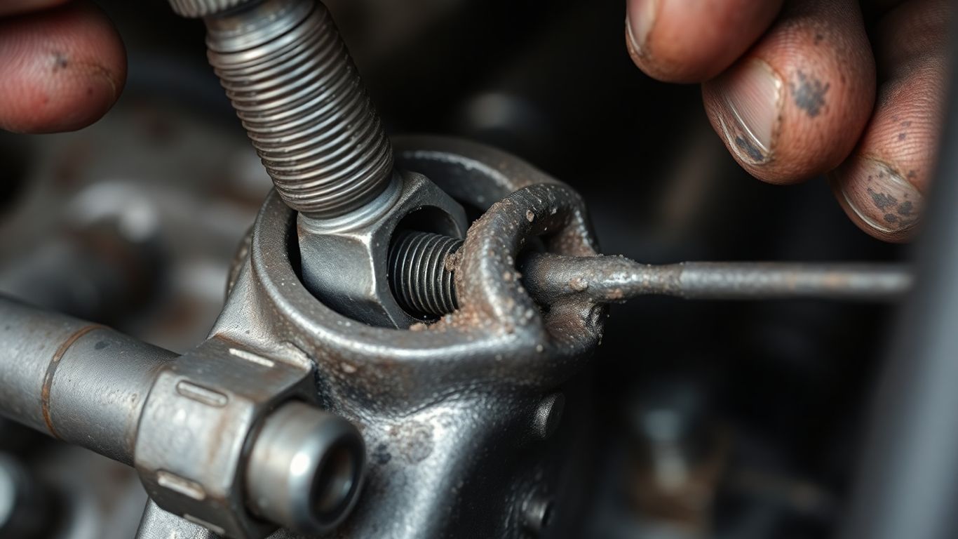 Mechanic struggles with a stuck bolt.