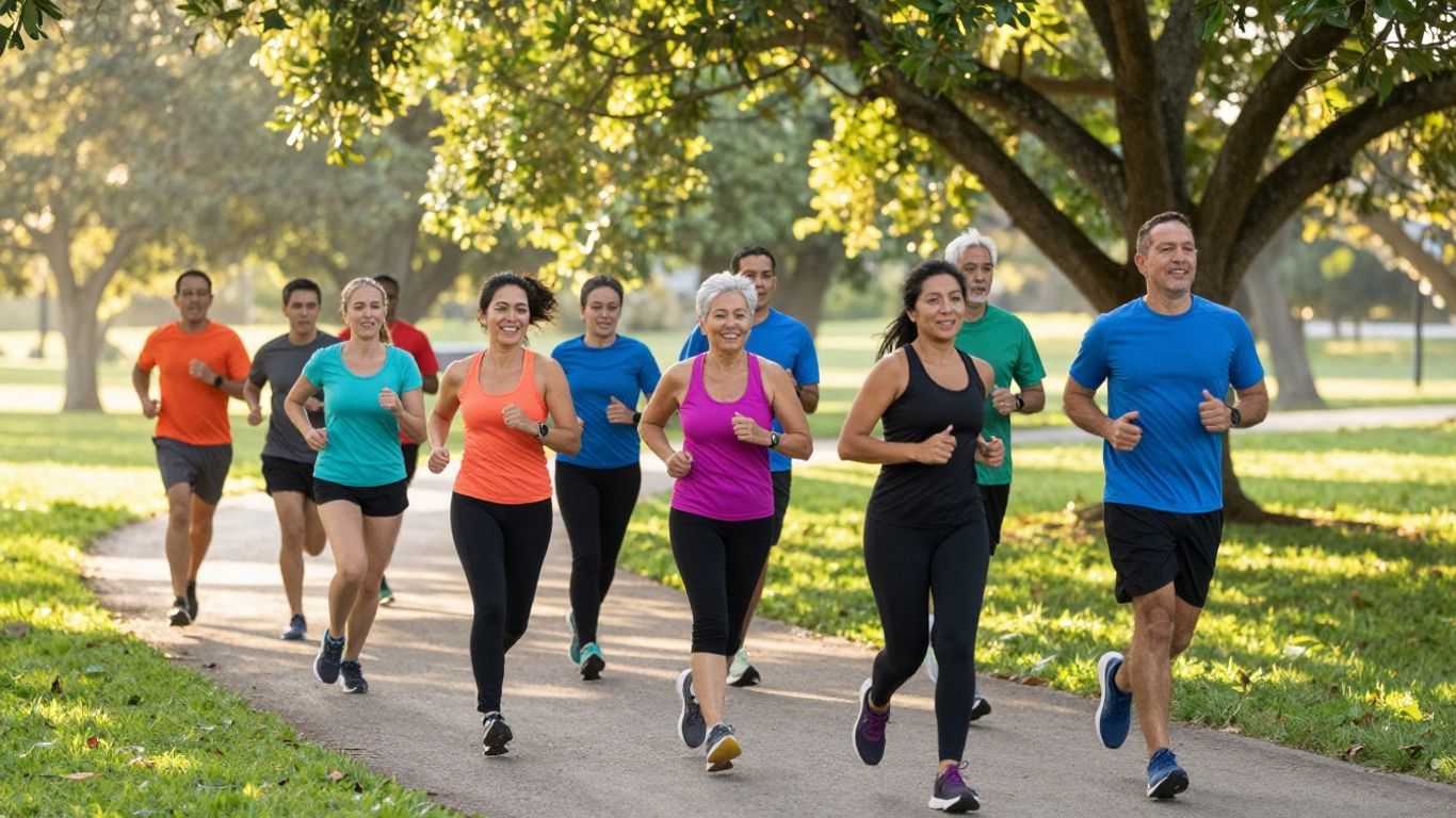 People running on a scenic park trail at sunrise.