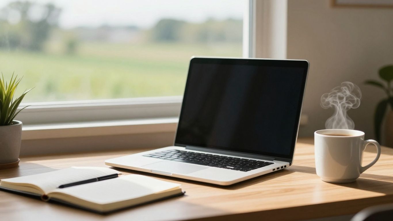 Home office setup with laptop and coffee near NSW landscape.
