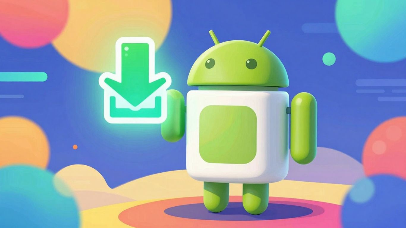 Android robot downloading a game with a glowing icon.