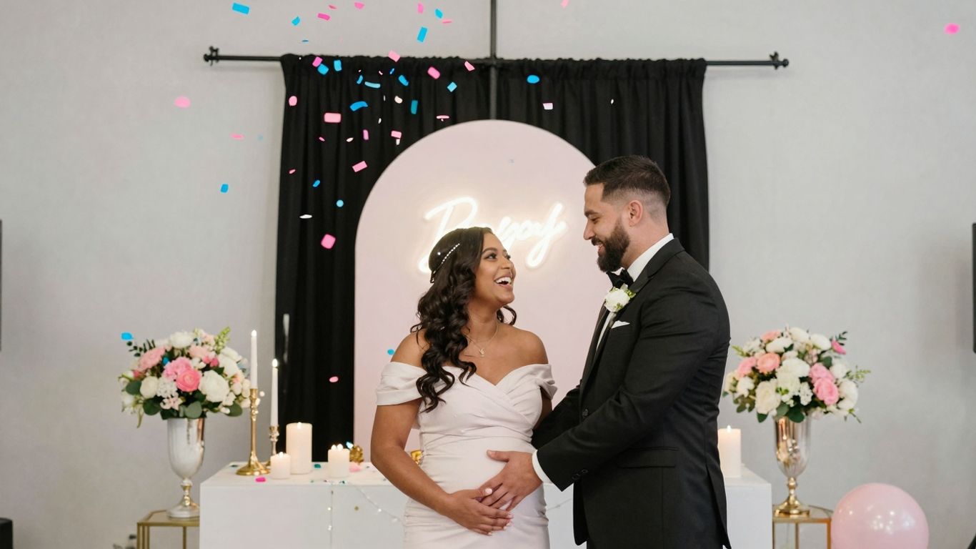 Couple celebrating a gender reveal with confetti.