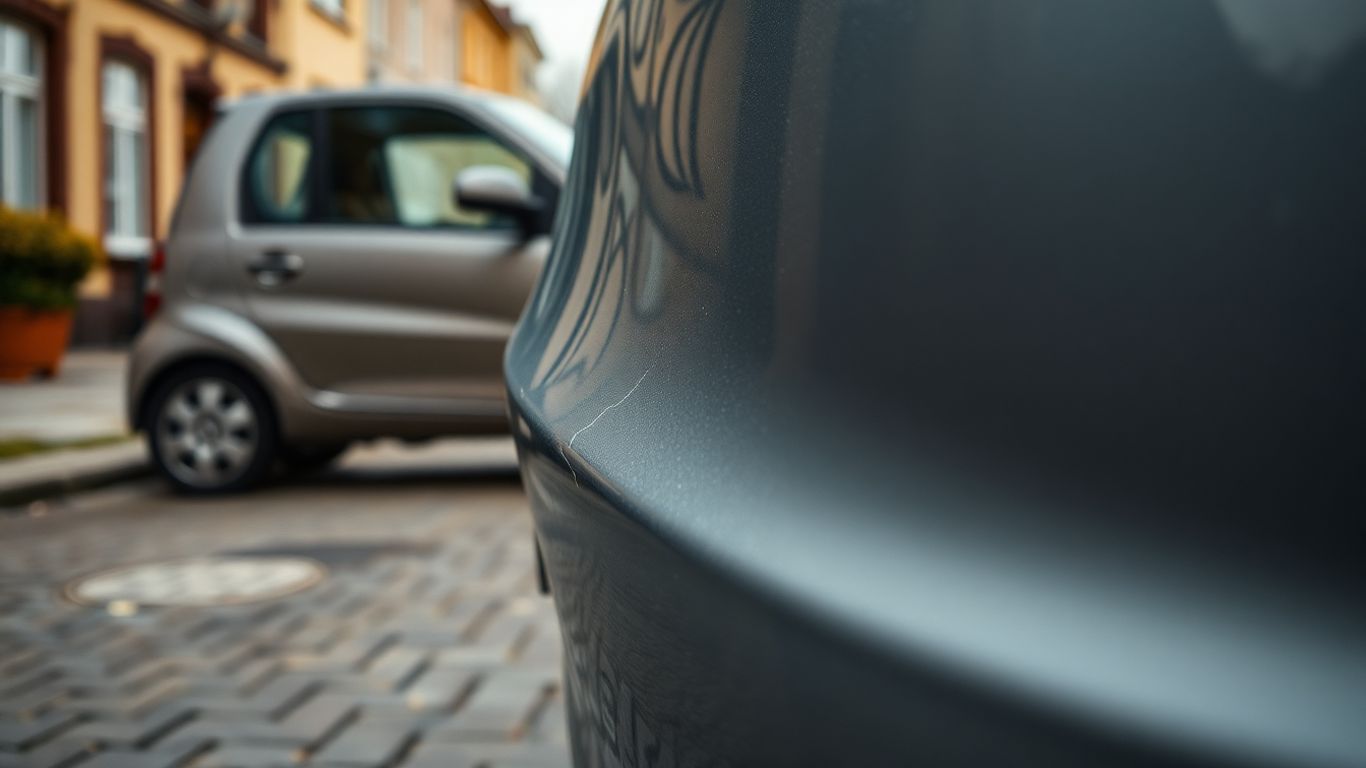Beschädigtes Auto mit Kratzer am Stoßfänger.