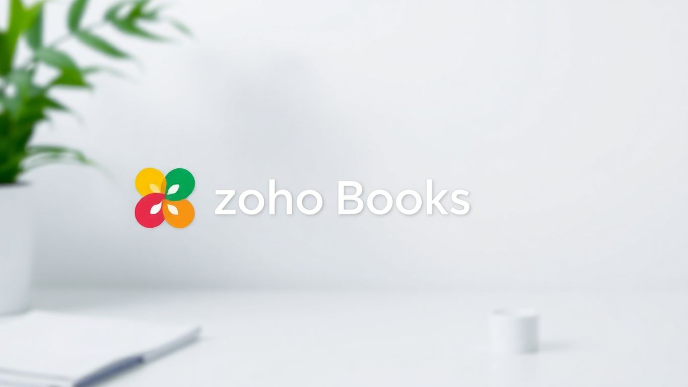 Zoho Books logo with abstract background elements.