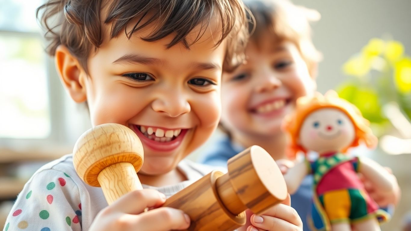 Child happily holding unique handcrafted toy