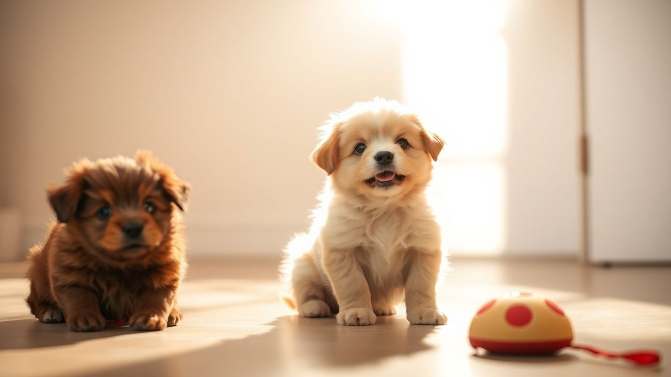 Happy puppy learning training techniques with toys.
