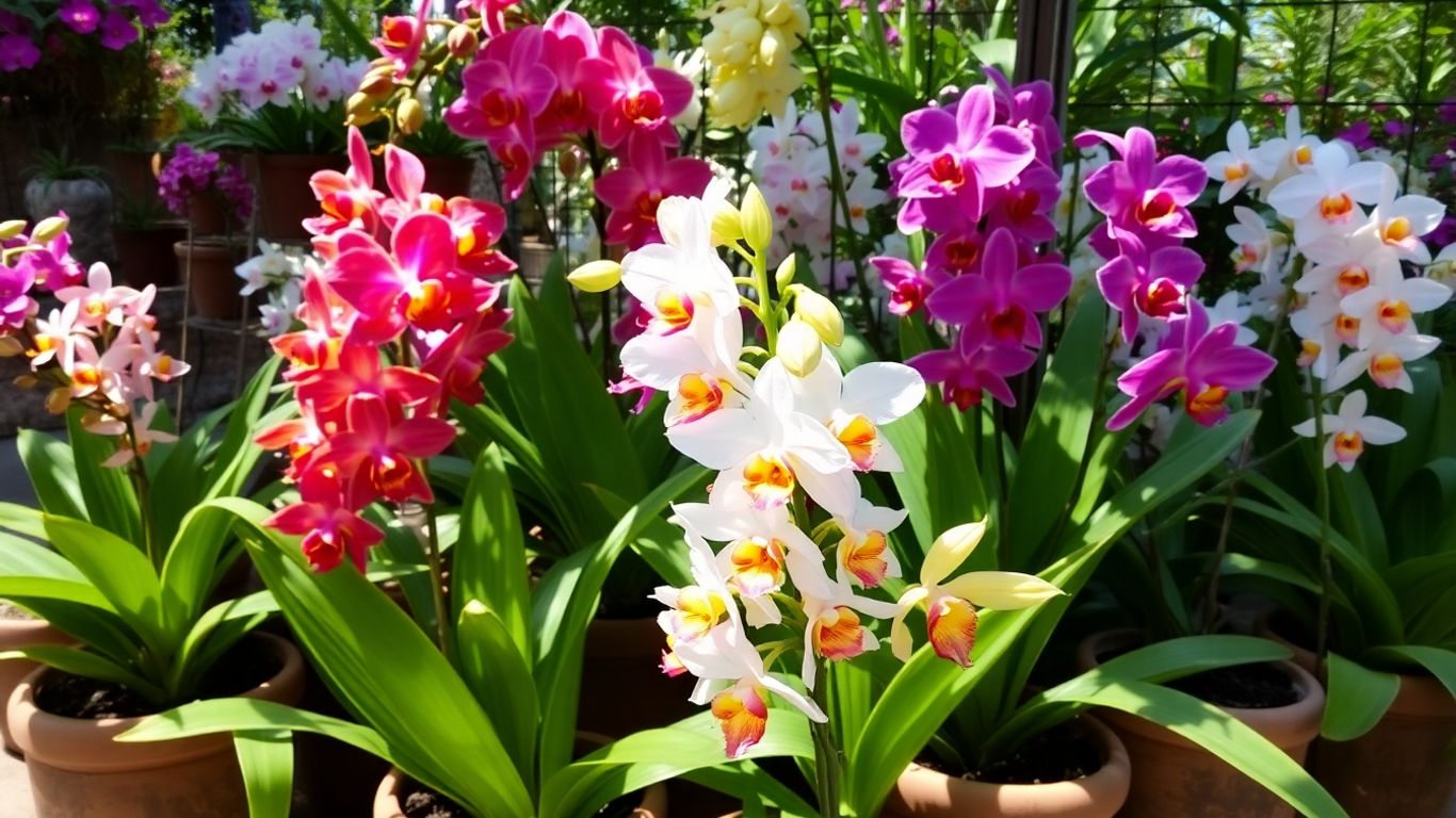 Orquídeas coloridas em vasos, prontas para compra.