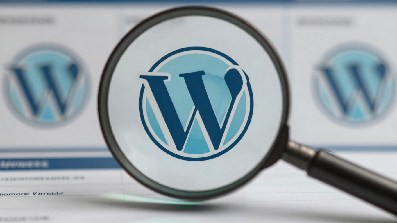 Logo WordPress avec loupe, optimisation SEO