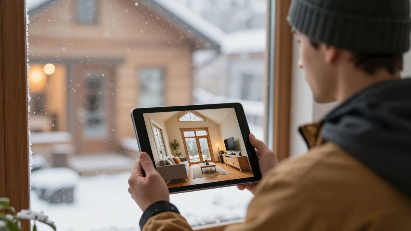 Contractor with tablet, cozy home, winter scene.