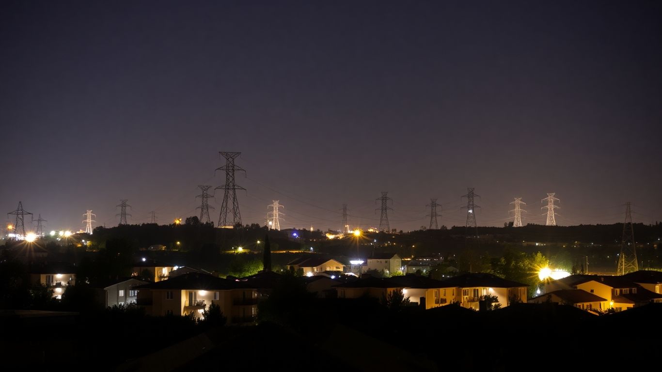 Ville française illuminée, pylônes électriques en arrière-plan, nuit.