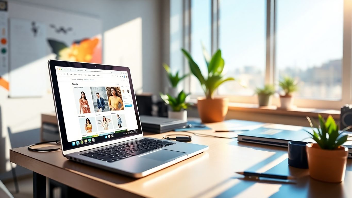 Shopify development workspace with laptop and tools.