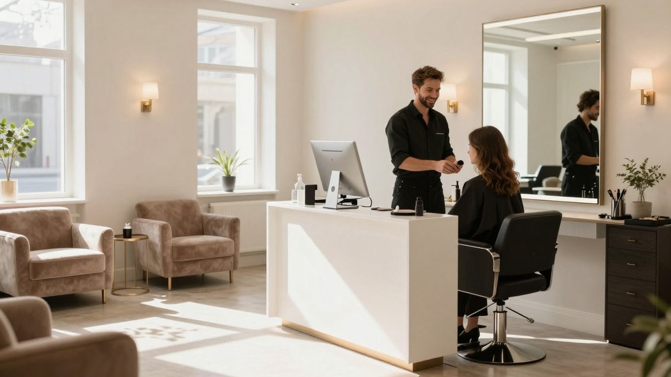 Beauty salon interior with booking desk and happy clients.
