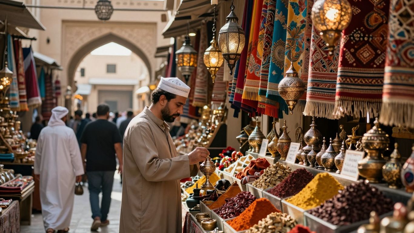 Bustling Dubai market with souvenirs and crafts.