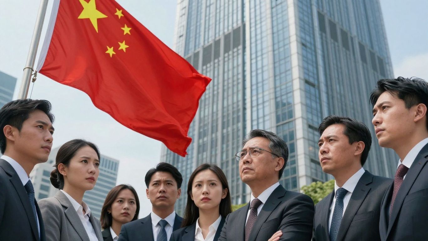 Chinese flag and concerned international business people.