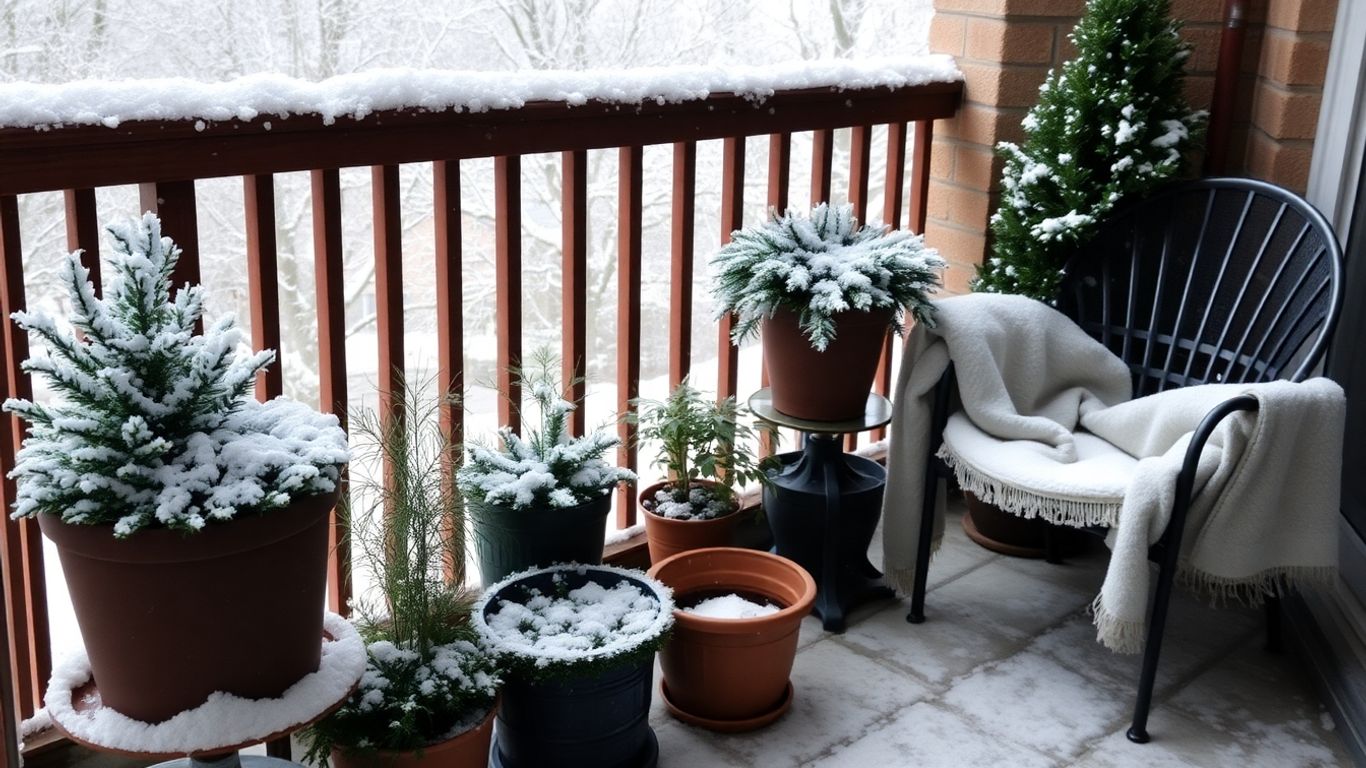 Balkon für den Winter vorbereitet mit Pflanzen und Decken.