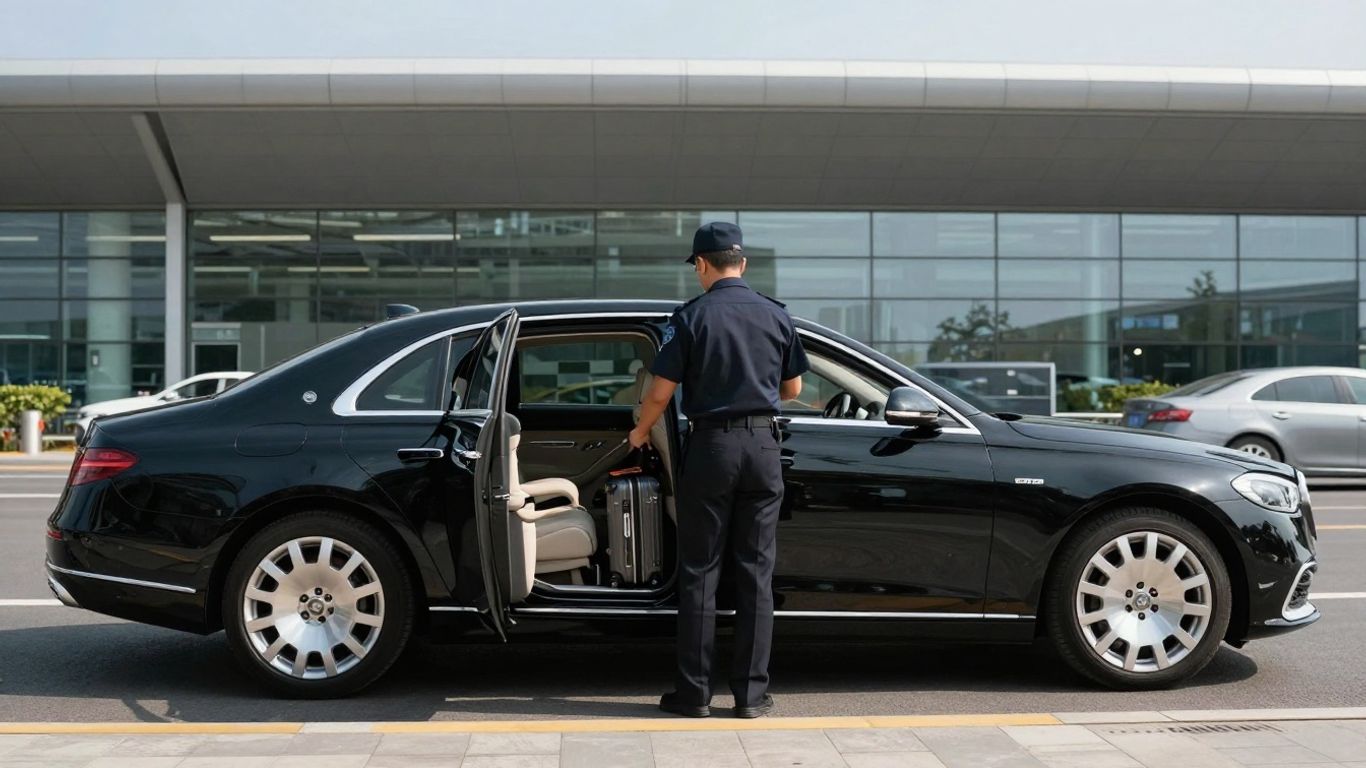 Luxury car and chauffeur at airport terminal entrance.
