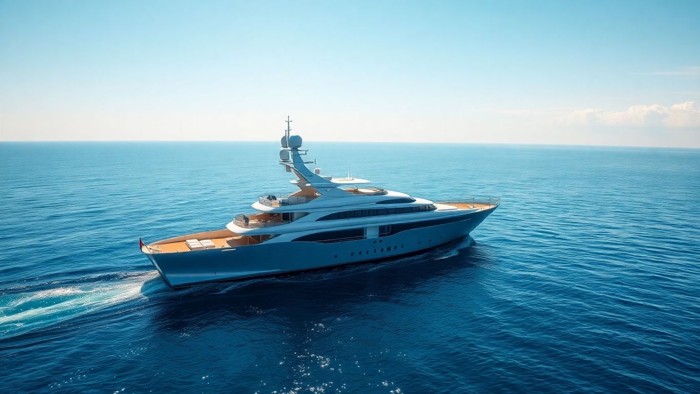 Luxury yacht sailing on a calm, sunny ocean.