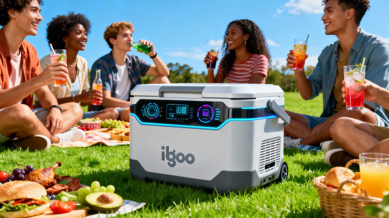 Modern Igloo cooler at outdoor picnic, friends enjoying together