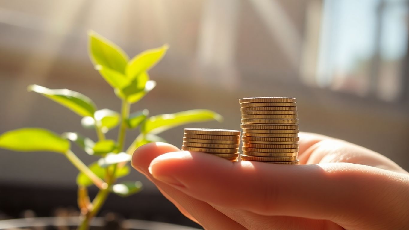 Hand holding coins with a growing plant.