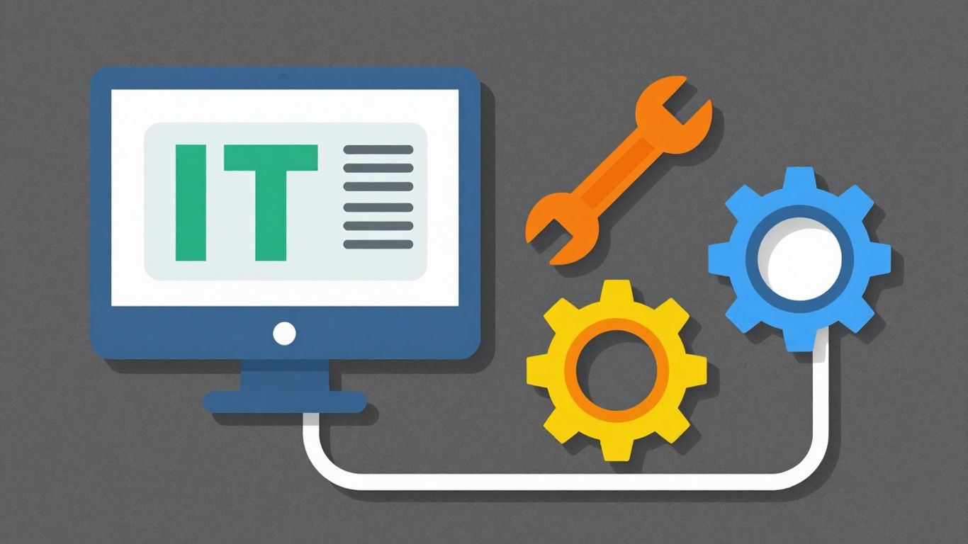IT support skills infographic with computer and tools.